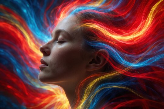 Woman in deep trance with eyes closed rests peacefully. Colorful energy waves swirl around head. Concept of meditation, mental wellness shows focus. Mindful state brings inner calm. Relaxed face