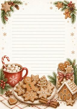 Festive Christmas recipe card with gingerbread cookies, a mug of hot cocoa with marshmallows, fir branches, and winter decorations. Perfect for holiday menus or invitations.