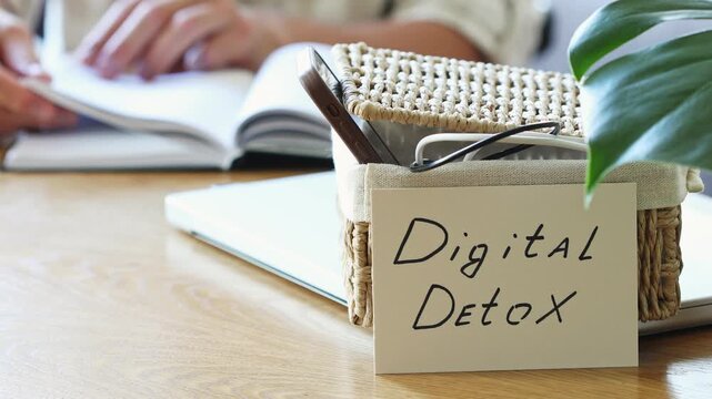 Digital detox concept from man reading paper book while phone and laptop gadgets lying offline in basket. Home and mental leisure instead social media and technology addiction.