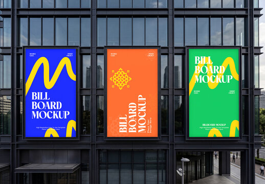 Three Advertising Billboard Mockups on Modern Glass Building