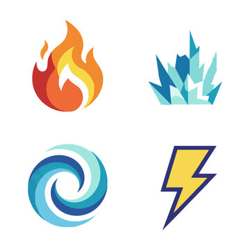 Set of stylized elemental symbols including fire flame ice shards water spiral and lightning bolt isolated on white background flat design concept