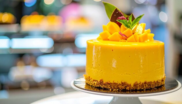Fresh mango mousse cake displayed in a bakery with a bright, blurred background highlighting its vibrant yellow color