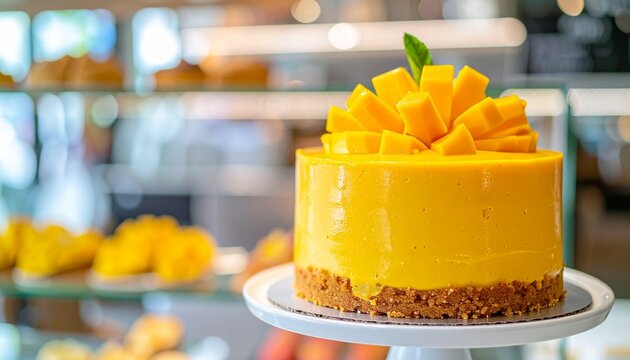 Fresh mango mousse cake with biscuit crust on cake stand in premium bakery boutique