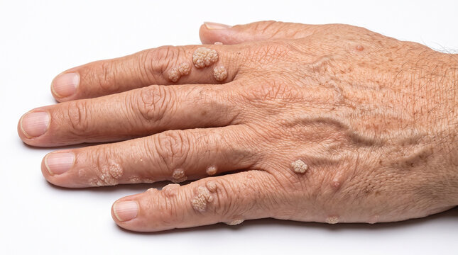 Wrinkled Elderly Hand with Raised Cauliflower Warts on the Finger Knuckles and Back of the Hand - Extensive Exophytic Verrucous Papules and Nodules 