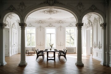 Obraz premium Luxurious dining room inside historic mansion features white walls with intricate stucco decorations plus arched doorways, columns. Large windows bring natural light into bright open space with