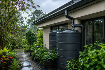 Obraz premium Modern Residential Rainwater Harvesting System Collecting Rainwater at Sustainable Eco-Friendly Home