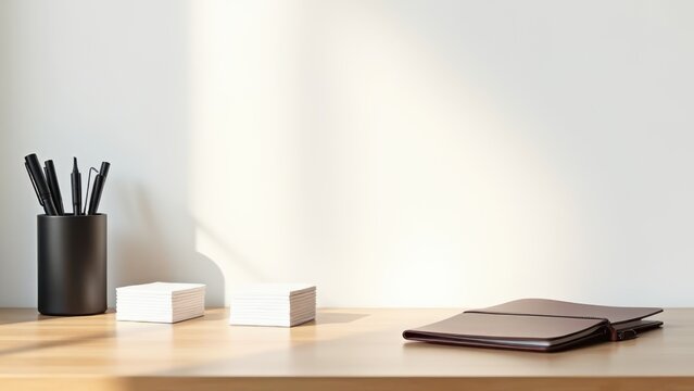 minimalist modern workspace desk setup natural light on wood with pens business cards and leather planner for corporate branding concept