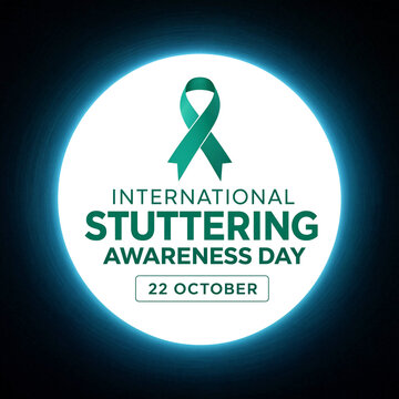 International stuttering awareness day promotional graphic design with teal ribbon and date