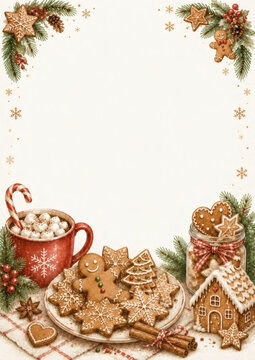 Christmas gingerbread cookies, cocoa with marshmallows and candy cane. Festive winter frame with cookies, pine branches and snowflakes. Perfect for holiday invitations.