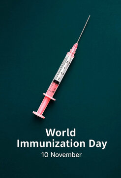 Medical syringe with vaccination theme for world immunization day celebration on dark background