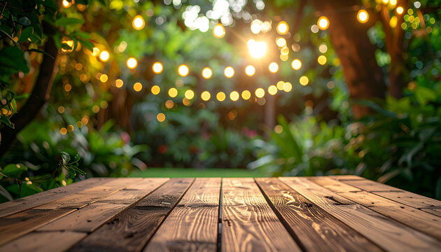Natural rustic wooden table with empty surface for product placement, lush garden foliage, warm decorative string lights glowing softly on blurred background, inviting outdoor atmosphere.