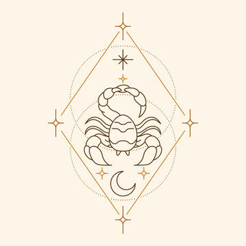 Scorpio zodiac symbol with celestial geometric frame