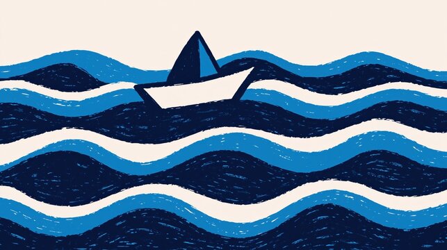 Small paper boat sailing over three rows of scalloped waves, minimalist conceptual illustration