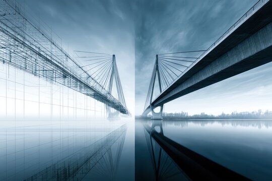 Modern bridge transforming from blueprint to structure