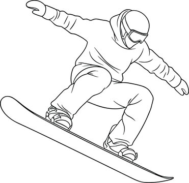 Action snowboarder jumping line art illustration drawing of professional athlete on snowy mountain