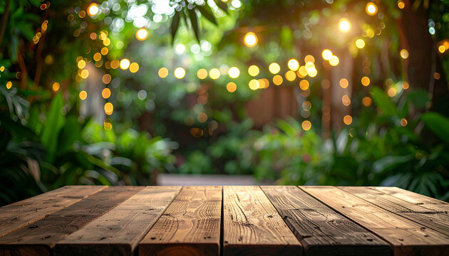 Natural rustic wooden table with empty surface for product placement, lush garden foliage, warm decorative string lights glowing softly on blurred background, inviting outdoor atmosphere.