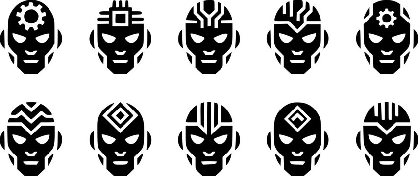 Futuristic robot face and cyborg head icon set featuring android masks, gear forehead symbols, microchips, geometric circuit patterns, and AI humanoid avatars vector illustration.