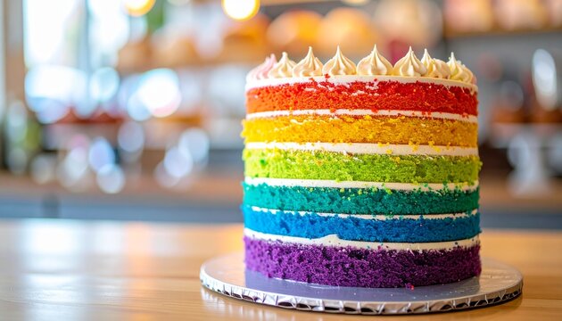 Luxurious rainbow layer cake with vibrant colorful sponge and creamy white frosting in an artisan pastry shop