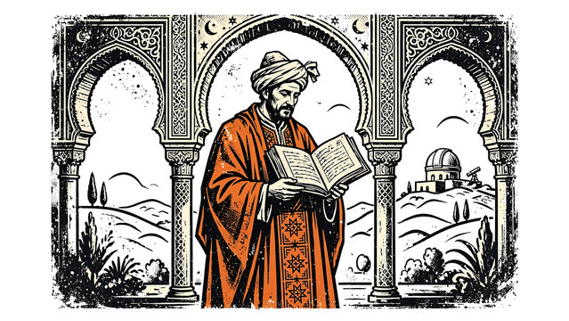 Vintage Illustration of an Islamic Scholar Reading an Ancient Book Under Moorish Arches with a Mosque in the Background