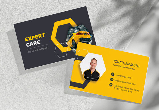 Modern Automotive Mechanic Business Card Template with Geometric Yellow Shapes