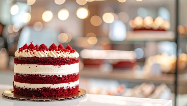 Delicious homemade red velvet cake with layered cream cheese frosting in a bakery