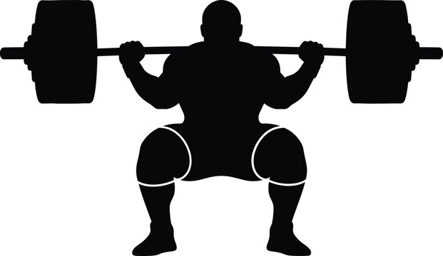 Heavy barbell squat workout silhouette of strong powerlifter for fitness and strength training