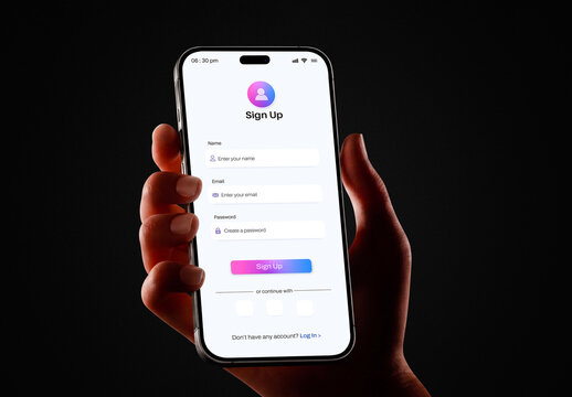 Hand Holding Smartphone Mockup with App Screen on Dark Background