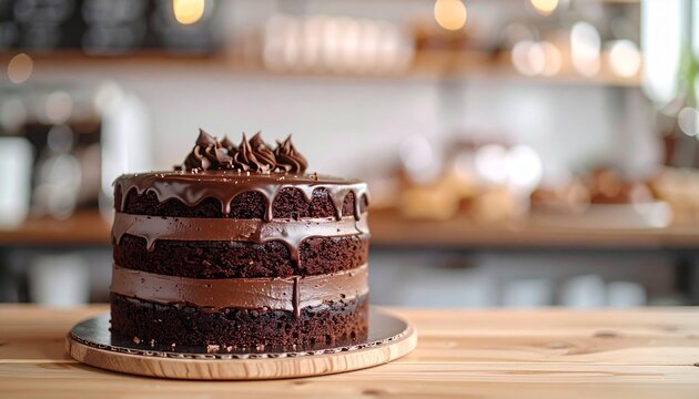 A decadent chocolate layer cake with rich frosting sits on a wooden counter inside a cozy bakery