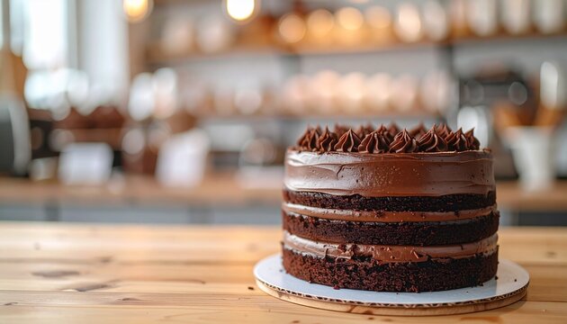A decadent chocolate layer cake with rich frosting sits on a wooden counter inside a cozy bakery setting