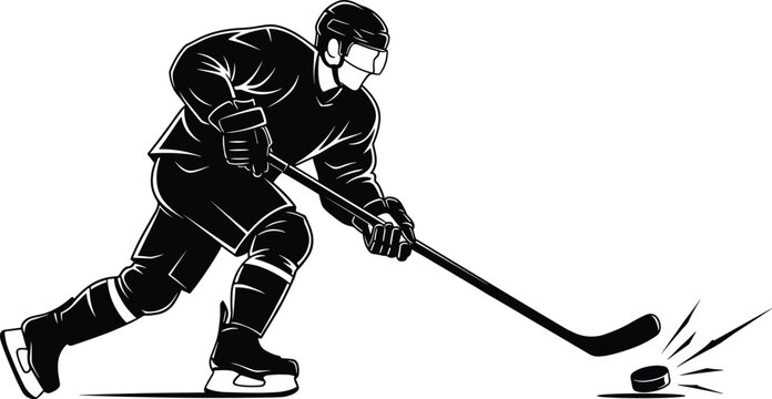 Ice hockey player dribbling puck with stick, wearing full gear on frozen rink