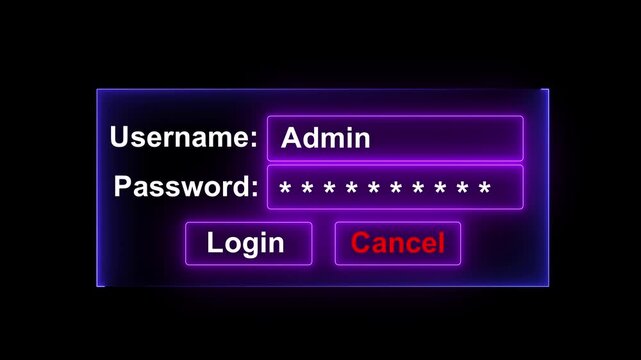 Digital cyber security login interface featuring glowing neon purple ui with admin username and password field entry for secure system access authentication and modern software development projects