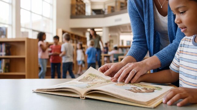 A teacher and a young student turn a storybook page together in a bright classroom for back to school reading