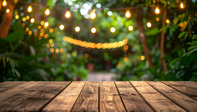 Natural rustic wooden table with empty surface for product placement, lush garden foliage, warm decorative string lights glowing softly on blurred background, inviting outdoor atmosphere.