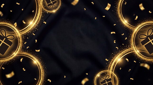 Black Friday premium background includes golden confetti circular frame elements and gift box silhouettes with clean central offer area