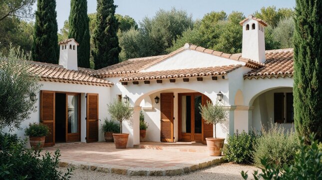 Modern eco house with traditional Mediterranean architecture in sunny garden setting. White villa building exterior clay tiled roof wooden shutters olive trees terracotta pots. Rural lifestyle