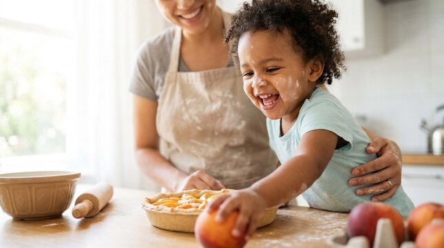 Toddler with Flour-Dusted Cheeks is Reaching for Fresh Peach Beside Smiling Parent in Sunlit Home Kitchen �� Summer Harvest Family Lifestyle