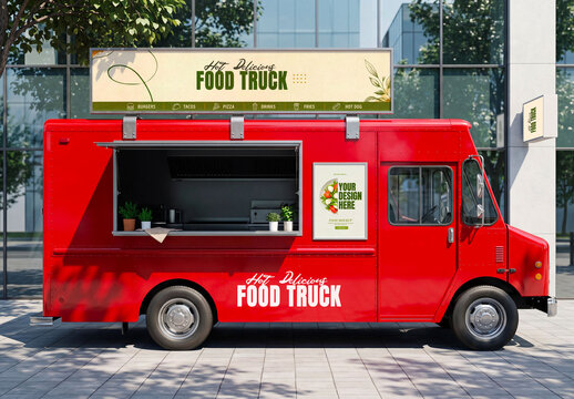Red Food Truck Branding Mockup with Outdoor Menu Sign Display