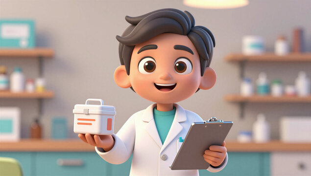 Cute 3D Pharmacist Character Holding Medicine Container and Clipboard