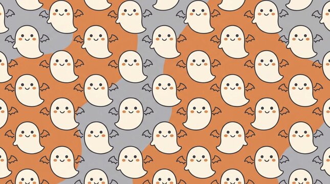 Halloween cute ghosts floating in rows create a friendly spooky background perfect for greeting cards and party invitations