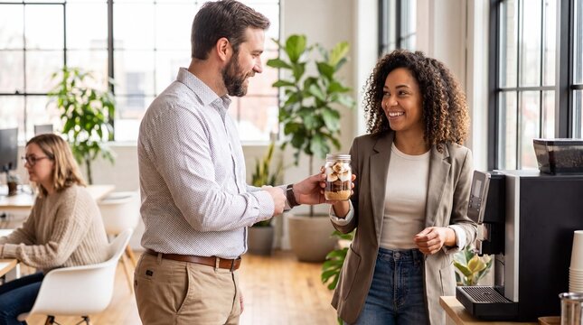 Businessman hands a s'mores treat to a teammate during a friendly office coffee break