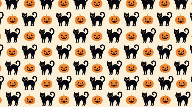 Halloween black cats and smiling pumpkins pattern create a charming seasonal background perfect for cards and posters