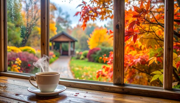 Cozy Autumn Morning with Coffee Rainkissed Window