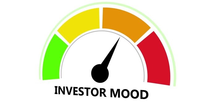 Dynamic investor mood gauge meter animation showing fluctuating market sentiment levels from low to risk for financial analysis, stock market trading reports, and economic performance presentations