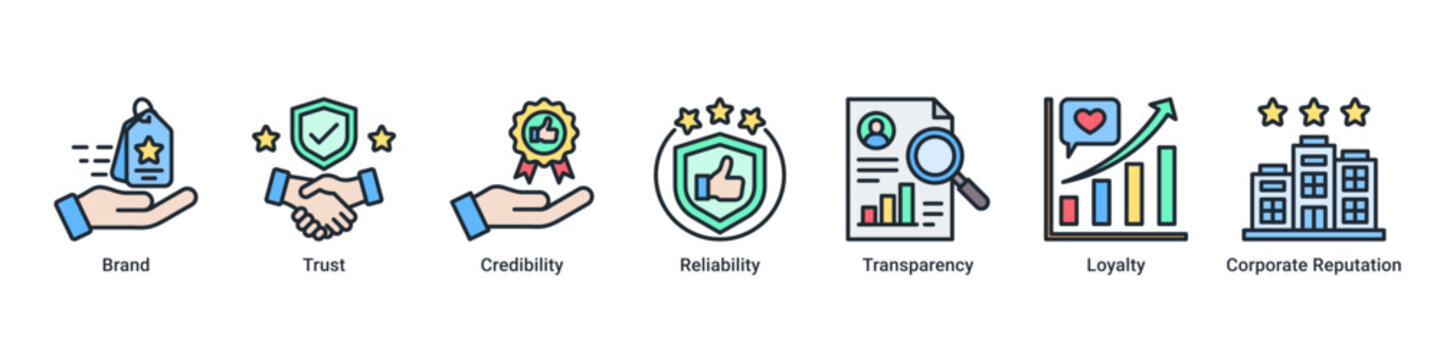 Brand Trust web banner icon vector illustration with icons of Brand, Trust, Credibility, Reliability, Transparency, Loyalty and Corporate Reputation
