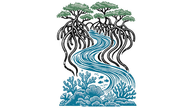 Stylized Graphic Illustration of Mangrove Trees with Intricate Roots and a Winding Blue River Flowing Over Coral Reefs