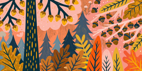 Autumn Forest Scene With Acorns And Trees Vector Illustration © Dipu