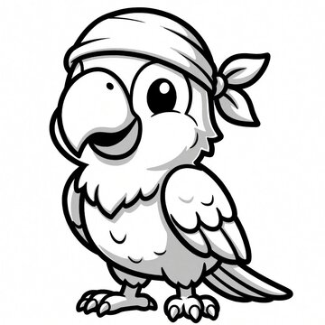 Cute cartoon pirate parrot bird illustration for coloring page. This playful animal character wears bandana and has happy adventurous look. Ideal for kids activity.
