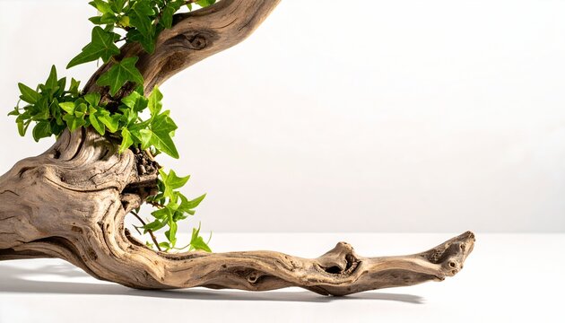 Twisted Driftwood with Fresh Green Leaves Neutral Background