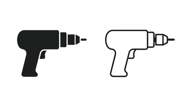 Minimalist power drill icons set featuring solid and outline designs with pistol‑grip handles and bits for construction, DIY, and tool vector graphic projects
