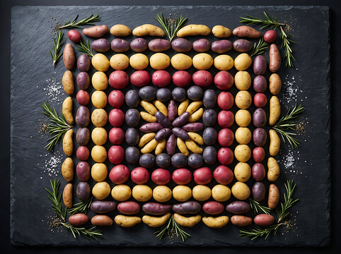 Top view of colorful raw potatoes arranged in a geometric square pattern on a black slate background.